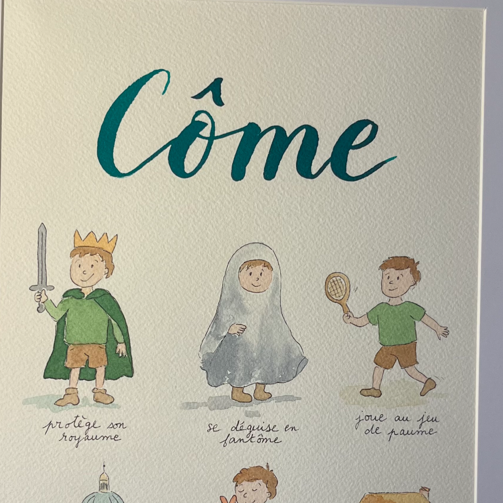 Calligraphie aquarelle encadrée, prénom illustré de scènes